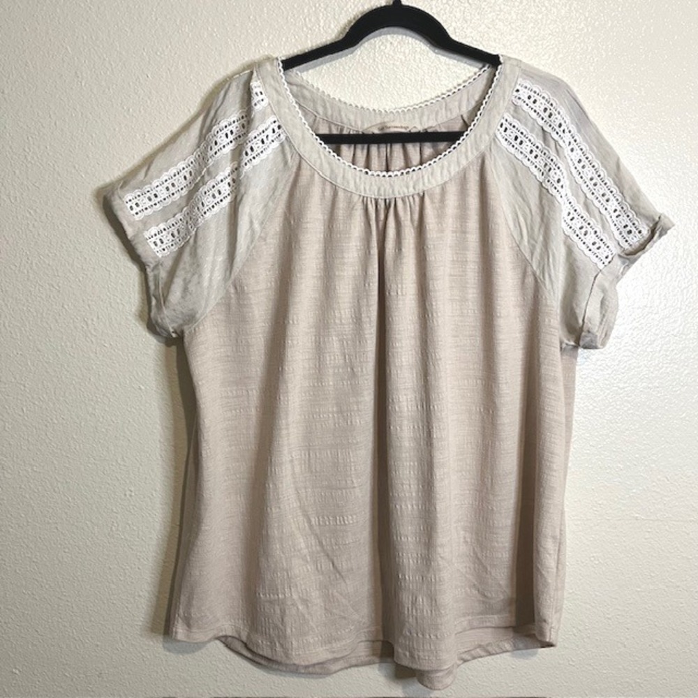 Soft Surroundings 1X Beige Lace Sleeve Pleated Gauze‎ Tunic Top Casual